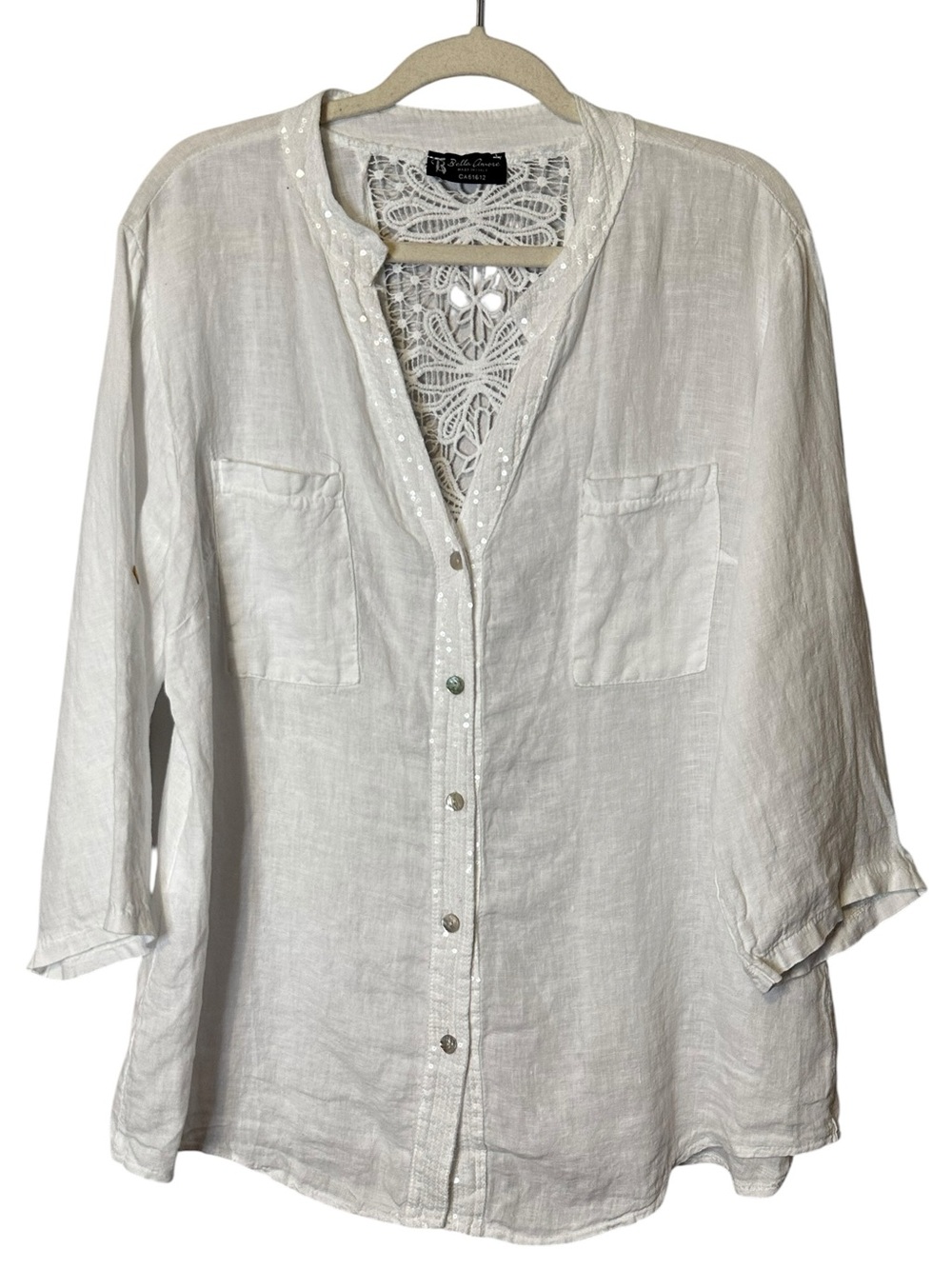 Bella Amore Italian Linen Lace Crochet Button Shirt Coastal Boho Resort S
